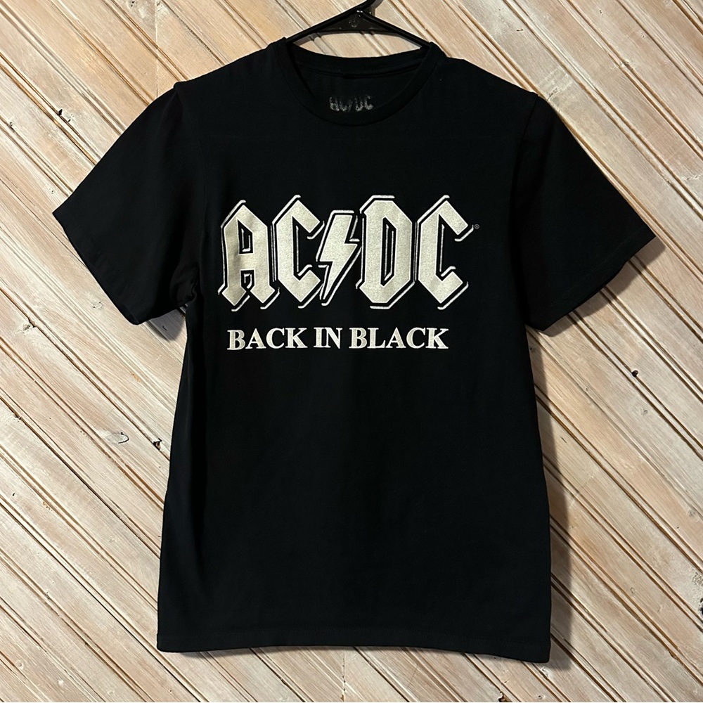 AC/DC Back In Black Rock & Roll Band Tour Tee Black & White Lightning